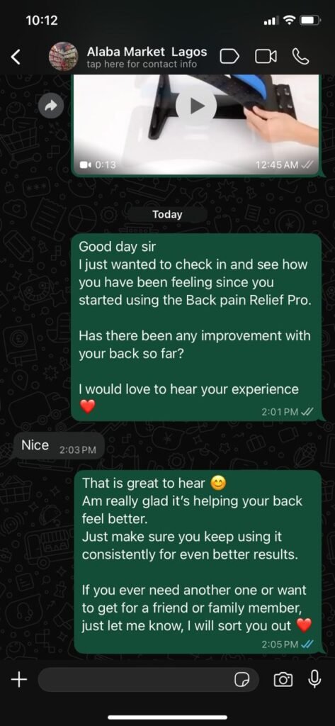 “Customer WhatsApp review showing positive feedback about Lumba Stretcher