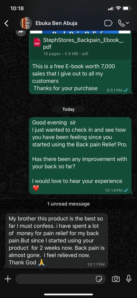 “Customer WhatsApp review showing positive feedback about Lumba Stretcher
