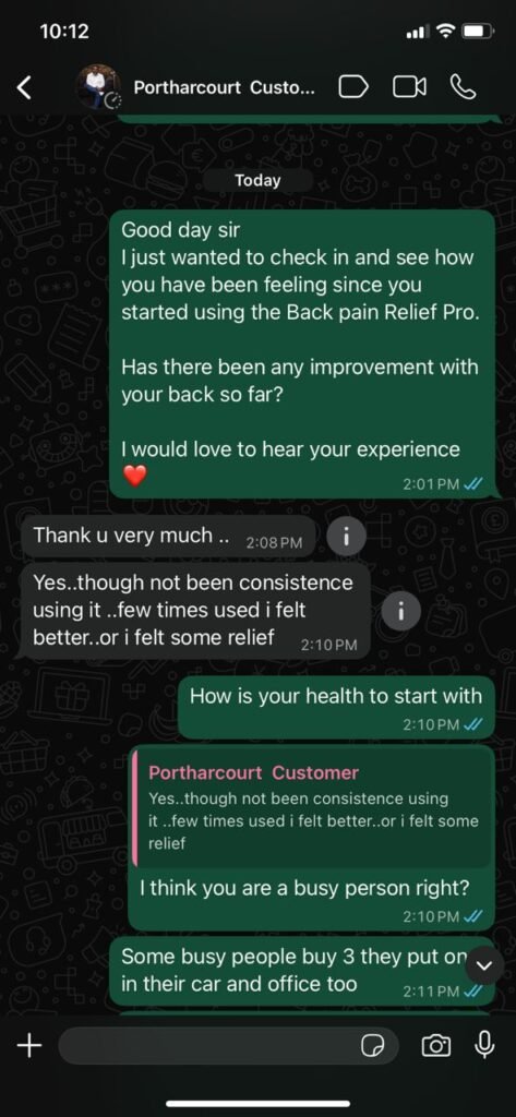 “Customer WhatsApp review showing positive feedback about Lumba Stretcher